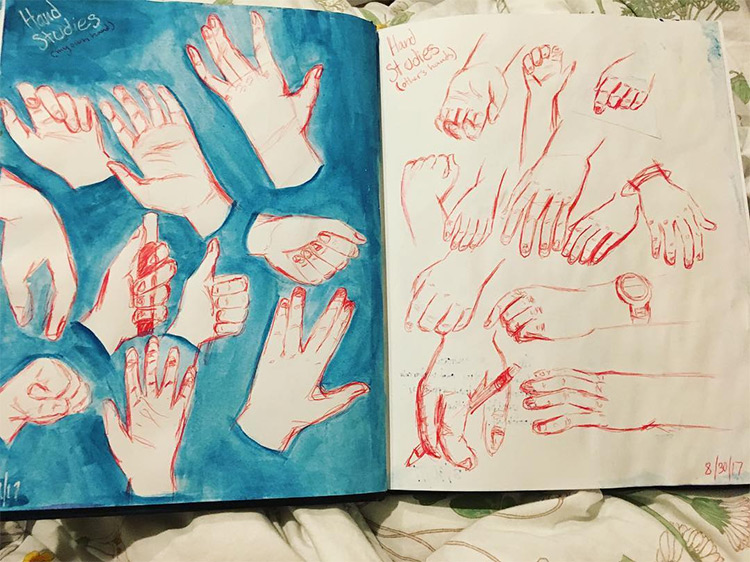 Blue and red hand sketches