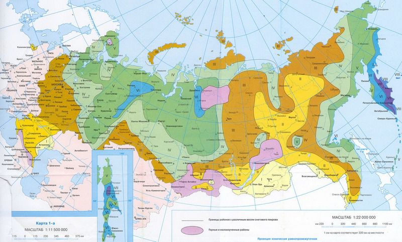 Карта-схема распределения территории РФ на зоны по степени снеговой нагрузки