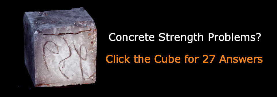 Photo of concrete cube with black background and text: Concrete Strength Problems? Click the cube for 27 answers.